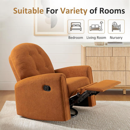 VANOMi 360 Swivel Rocker Recliner Chair, Nursery Rocking Chair with Tufted Backrest, Manual Recliner Chairs for Small Spaces, Upholstered Glider Nursing Chair for Living Room, Bedroom (White)