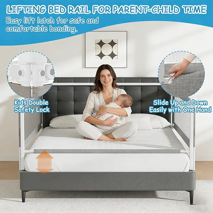 3-Pack Queen Size Bed Rails for Toddlers -Height Adjustable Baby Bed Rail Guard Specially Designed for Queen Size Bed (78.7"x78.7"x60"-Grey)