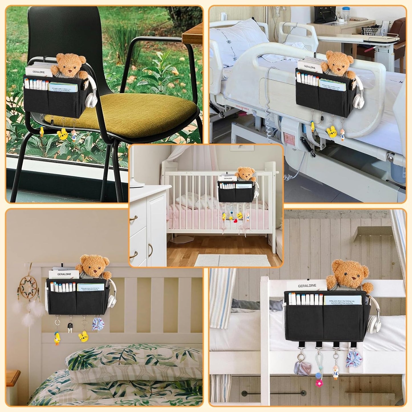 Bedside Storage Organizer 5 Pockets with 4 Hooks Hanging Storage Bag for Headboards/Bunk Bed (Pink)