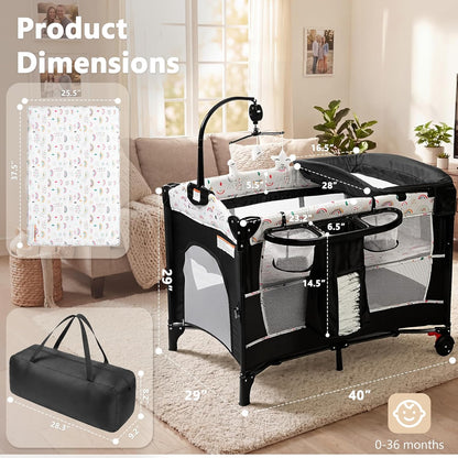 Kinder King 4 in 1 Portable Baby Playard, Foldable Baby Bedside Crib w/Bassinet, Infant Pack and Play Playard Toddler Large Playpen, Newborn Changing Table, Storage Basket, Grey