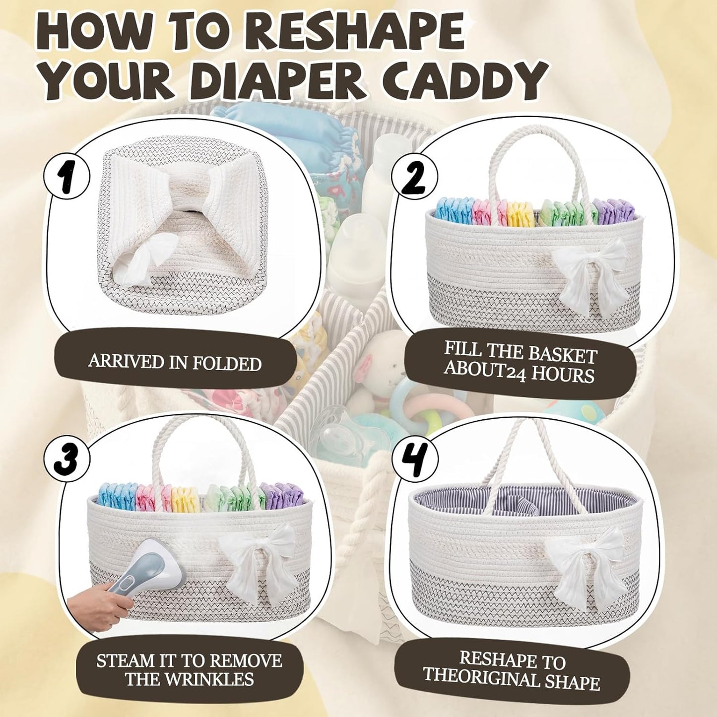 Zopeal Mother‘s Day Diaper Caddy Organizer Large Cotton Rope Baby Basket with Removable Divider Portable Nursery Storage for Diapers & Wipes Changing Table Organizer for Newborn Baby Shower Supplies