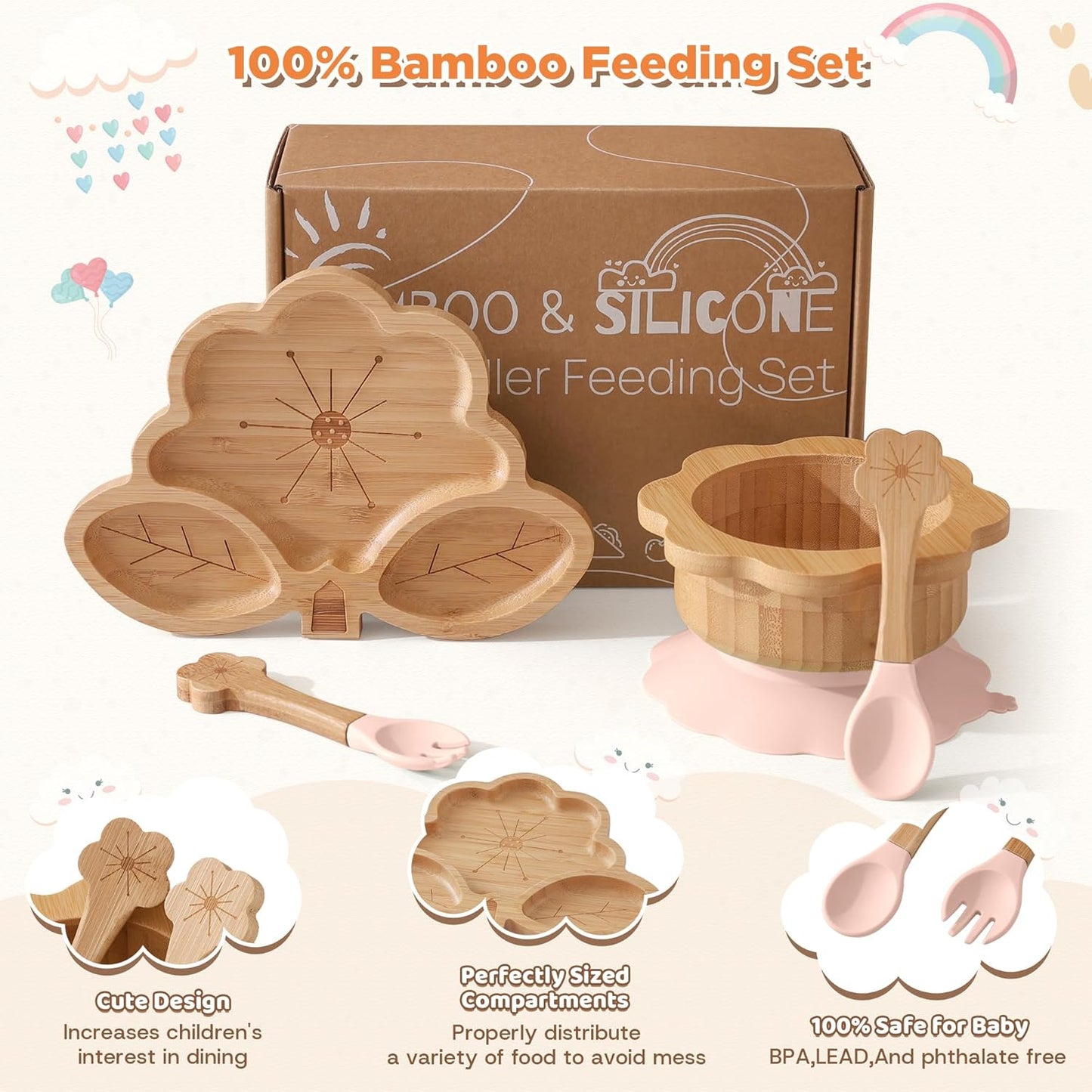 Bamboo Suction Plates Bowls Set for Baby Toddler - Includes Bamboo Bowl, Divided Plate, Silicone Fork & Spoon, All-Natural Baby Feeding Set for Baby-Led Weaning