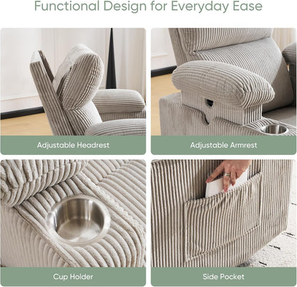 Rocking Chair Nursery with Adjustable Armrest for Breastfeeding, Glider Recliner Nursery Chair with Massage and Heat, Power Swivel Rocker Recliner with Adjustable Headrest, Corduroy, Beige