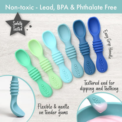 PrimaStella Silicone Chew Spoon Set for Babies and Toddlers | Safety Tested | BPA Free | Baby Spoon 6 Pack (Blue/Green)