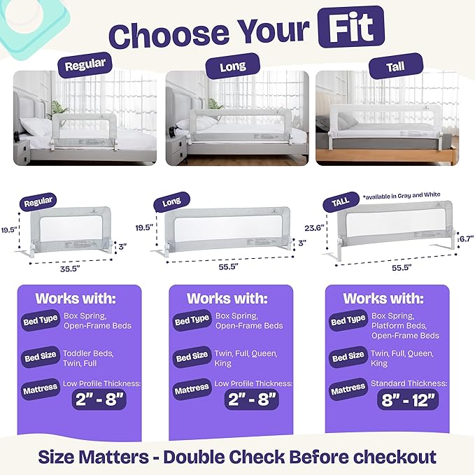 ComfyBumpy 1-Pack Bed Rail for Toddlers 55.5" L x 19.5" H | Toddler Bed Rails for Twin, Full, Queen & King Mattress Size | Swing Down Rail Guard | Mattress Side Rail for Kids | Purple