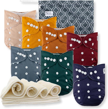 Nora's Nursery Cloth Diapers 7 Pack with 7 Inserts & 1 Wet Bag - Waterproof Cover, Washable, Reusable & One Size Adjustable Pocket Diapers for Newborns and Toddlers - Delilah