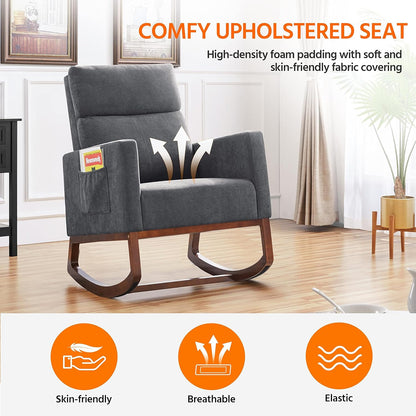 Topeakmart Nursery Rocking Chair, PU Leather Modern Accent Chair with Wood Legs Side Pocket Armchair Glider Rocker for Nursery Living Room Bedroom Lounge, Brown