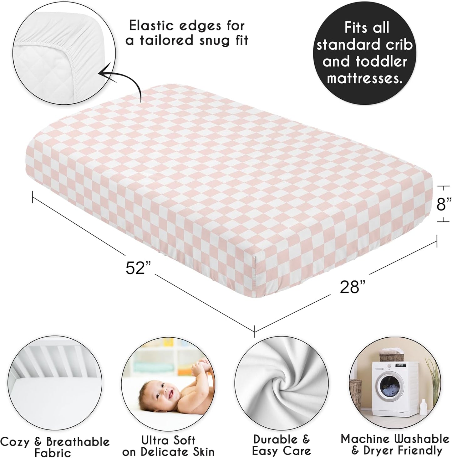 Sweet Jojo Designs 2-Piece Baby Bassinet Sheets Set (Black/White Gingham Checkered Plaid) for Boy/Girl, Infant Newborn Nursery, Oval, Rectangle & Hourglass Mattress (Solid Onyx & Classic Checkerboard)