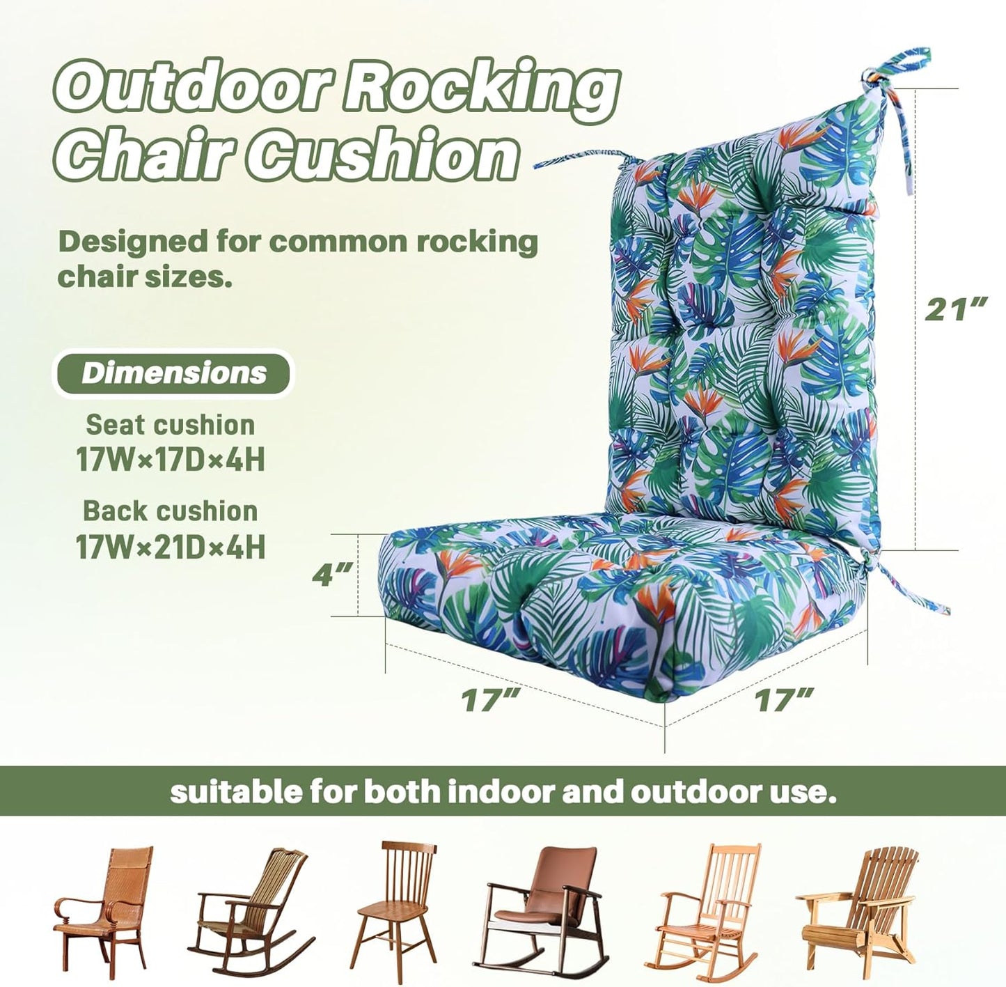 Rocking Chair Cushion with Ties Non-Slip Outdoor Rocking Chair Cushion Set Waterproof Fade-Resistant Porch Garden Patio Glider Rocker Cushions