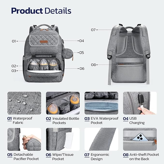 Diaper Bag Backpack,29L-45L Expandable Large Baby Bag for 2 Kids/Twins, with Removable Cross Body Bottle Bag for Mom/Dad,Stylish Nappy Bag Gift for Boys/Girl-Mothers Day Gifts-Elegant Grey