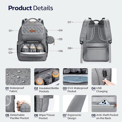 Diaper Bag Backpack,29L-45L Expandable Large Baby Bag for 2 Kids/Twins, with Removable Cross Body Bottle Bag for Mom/Dad,Stylish Nappy Bag Gift for Boys/Girl-Mothers Day Gifts-Elegant Grey