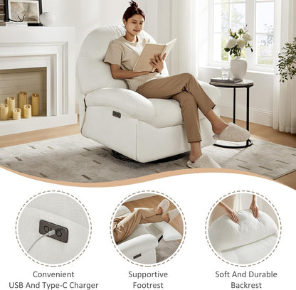 VANOMi Power Recliner Chair with USB & Type-C Charging, 270° Swivel Glider Rocker, Electric Nursery Recliner for Living Room, Bedroom, and Office, White