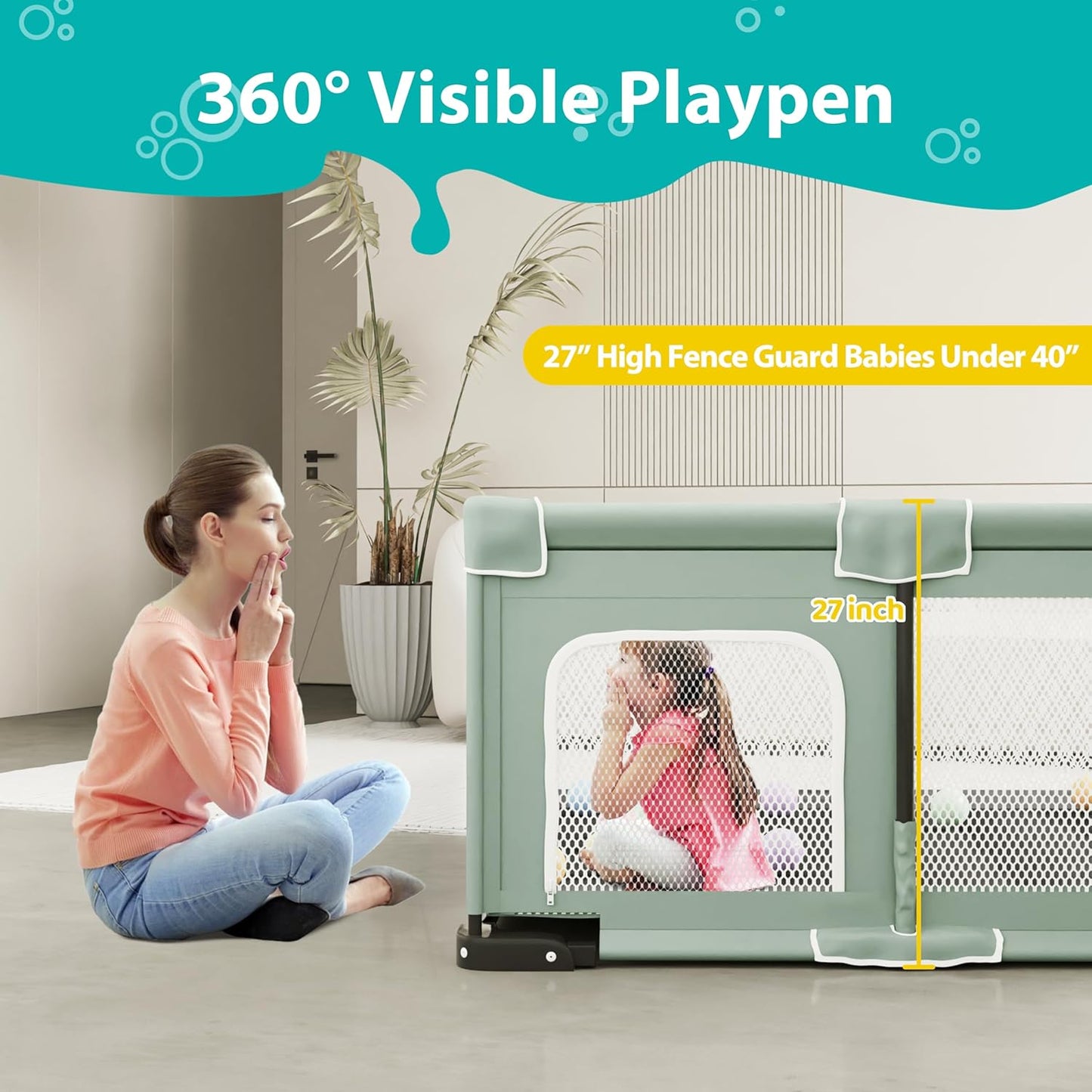 ICAREWAY Foldable Playpen for Babies and Toddlers, 50x50 Inches Portable Playpen, Kids Collapsible Play Pen with 2 Handlers, Indoor & Outdoor Baby Fence Play Area with Visible Mesh, Dark Gray