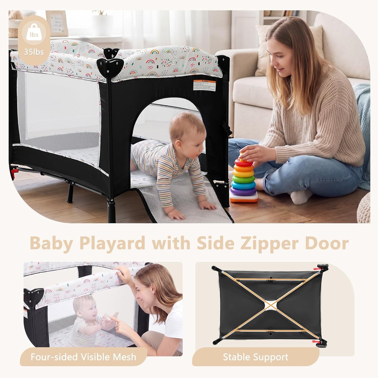 Kinder King 4 in 1 Portable Baby Playard, Foldable Baby Bedside Crib w/Bassinet, Infant Pack and Play Playard Toddler Large Playpen, Newborn Changing Table, Storage Basket, Grey