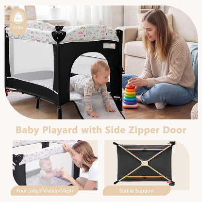 Kinder King 4 in 1 Portable Baby Playard, Foldable Baby Bedside Crib w/Bassinet, Infant Pack and Play Playard Toddler Large Playpen, Newborn Changing Table, Storage Basket, Grey