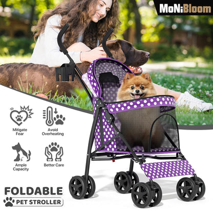 MoNiBloom 4 Wheels Pet Stroller, Easy-Fold Puppy Cage Jogger Stroller with Sun Cover, Pad and Rear Storage Bag, Breathable and Visible Mesh for Small/Medium Pets up to 22 lbs, Black