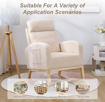 Nursery Rocking Chair with Solid Wood Legs, Glider Chair for Nursery with Two Side Pockets, Rocker Armchair for Living Room Bedroom (Ivory White, Teddy Fabric)