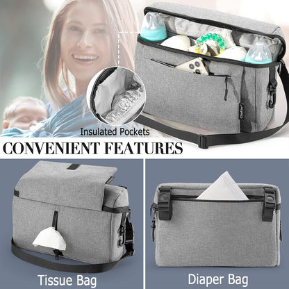 Universal Baby Stroller Organizer Large Space with Insulated Cup Holder Detachable Diaper Bag Adjustable Shoulder Strap Fits All Strollers (grey)