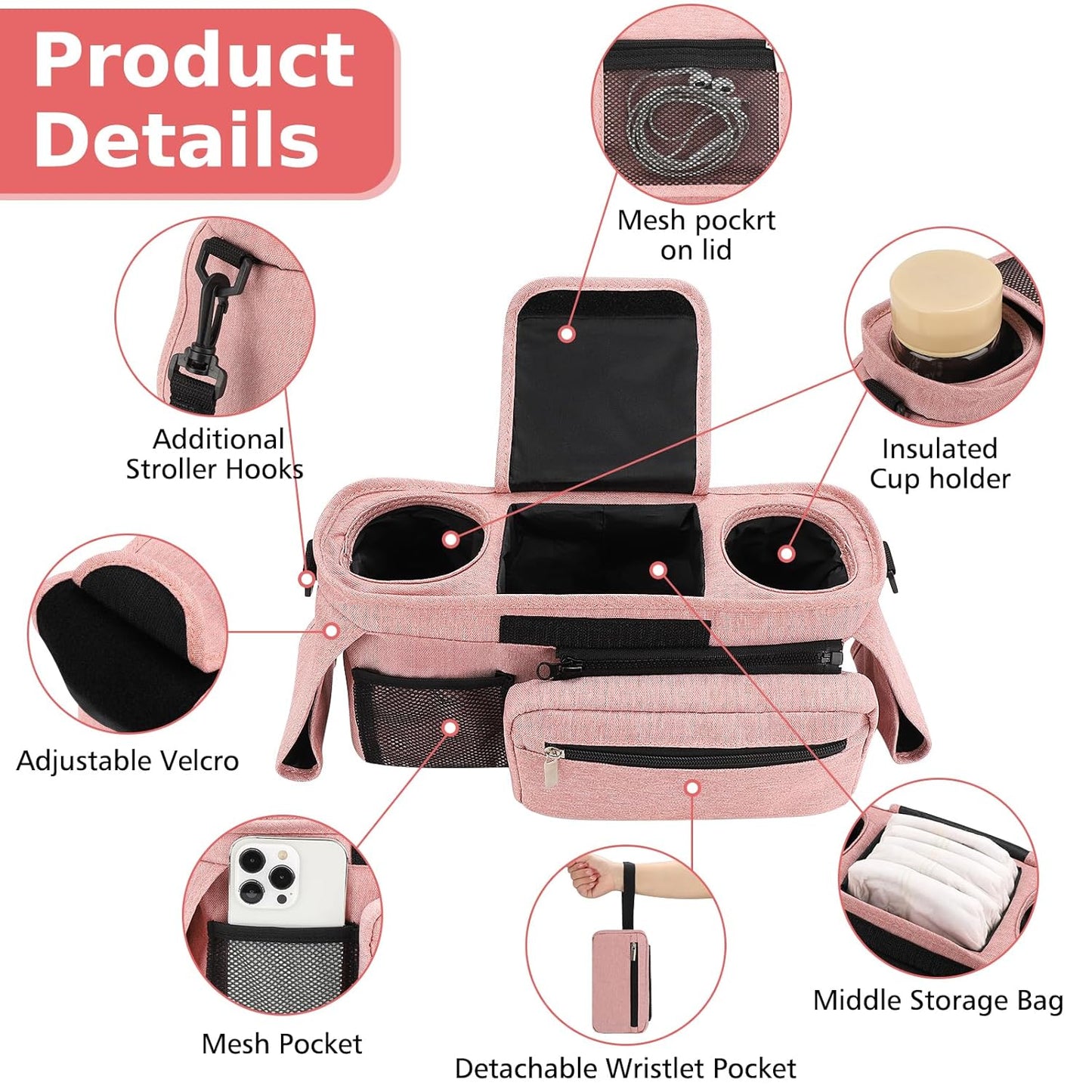 Accmor Universal Stroller Organizer with Insulated Cup Holder Detachable Phone Bag and Shoulder Strap,Stroller Bag Caddy Organizer Fits for Uppababy, Baby Jogger, Britax Strollers