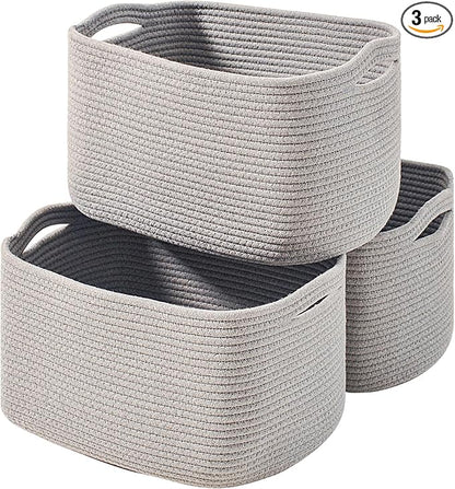 ICERZCZ Storage Baskets for Organizing Shelves, Woven Cotton Rope Bins for Baby Nursery Organization, Book Toy Towel Organizer, 15"x11"x9.5", 3 Packs, Grey