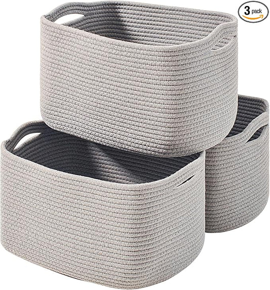 ICERZCZ Storage Baskets for Organizing Shelves, Woven Cotton Rope Bins for Baby Nursery Organization, Book Toy Towel Organizer, 15"x11"x9.5", 3 Packs, Grey