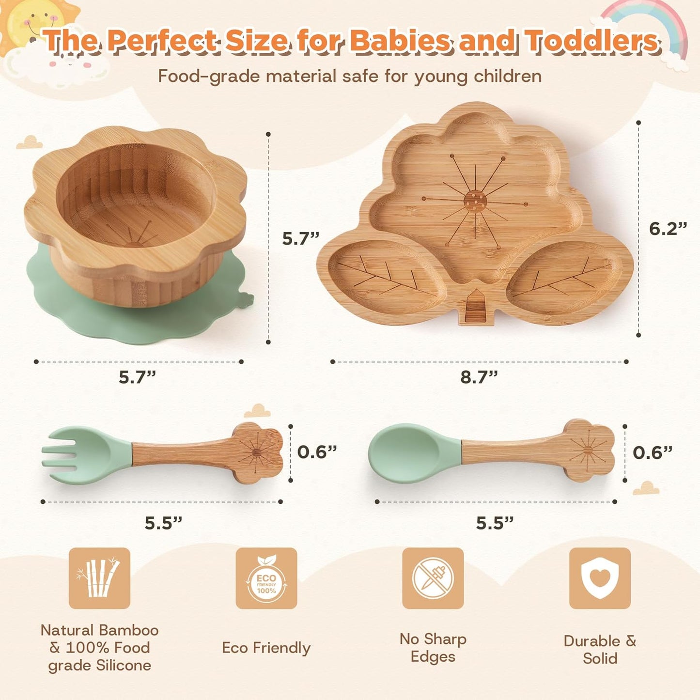 Bamboo Suction Plates Bowls Set for Baby Toddler - Includes Bamboo Bowl, Divided Plate, Silicone Fork & Spoon, All-Natural Baby Feeding Set for Baby-Led Weaning