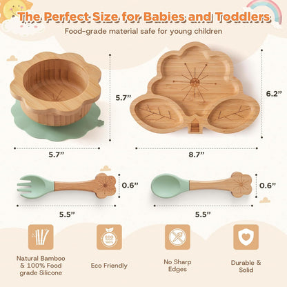 Bamboo Suction Plates Bowls Set for Baby Toddler - Includes Bamboo Bowl, Divided Plate, Silicone Fork & Spoon, All-Natural Baby Feeding Set for Baby-Led Weaning