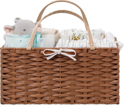 HBlife Large Diaper Caddy Organizer, Washable Waterproof, Portable Plastic Wicker Woven Basket with Divider, Nursery Diaper Station, Baby Shower Gifts Basket & Car Organizer