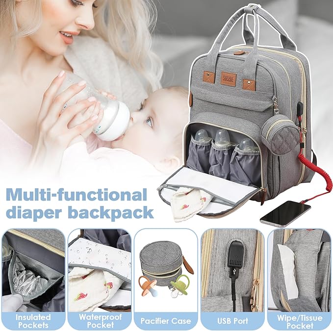 JSTPRO Diaper Bag Backpack, Large Diaper Bag with Changing Station, Baby Bag, New Mom Gifts, Lightweight Waterproof Unisex Diaper Bag with Insulated Pockets and USB Charging Port, Grey