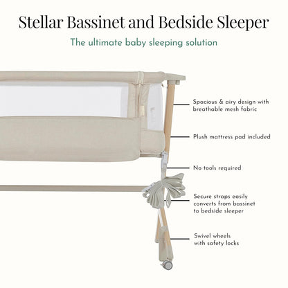 Evolur Stellar Bassinet & Bedside Sleeper – Adjustable Height Bedside Crib for Newborns, Breathable Mesh Sides, Portable Co-Sleeper, Easy To Fold and Travel, Carry Bag Included
