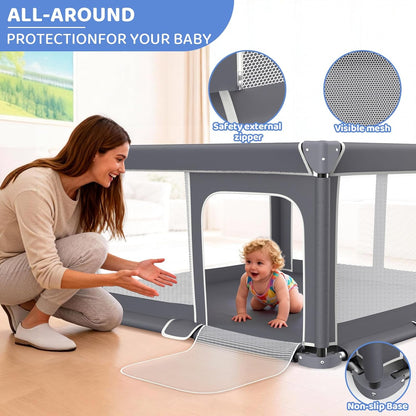 Grobeybees Playpen for Babies and Toddlers, Large Baby Playpen, Playard with Bag, Indoor & Outdoor Play Pen, Sturdy Safety Baby Play Yard with Soft Breathable Mesh (Grey)