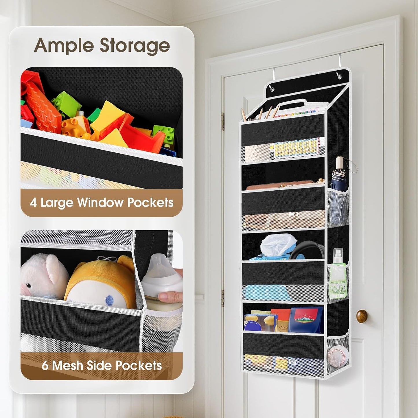 SpaceHacks 1 Pack Over The Door Organizer, Hanging Storage Organizer with Clear Window, 40lb Ultra Sturdy Large Capacity Room Organizer for Pantry Laundry Bathroom Nursery Closet Baby Essential (Grey)
