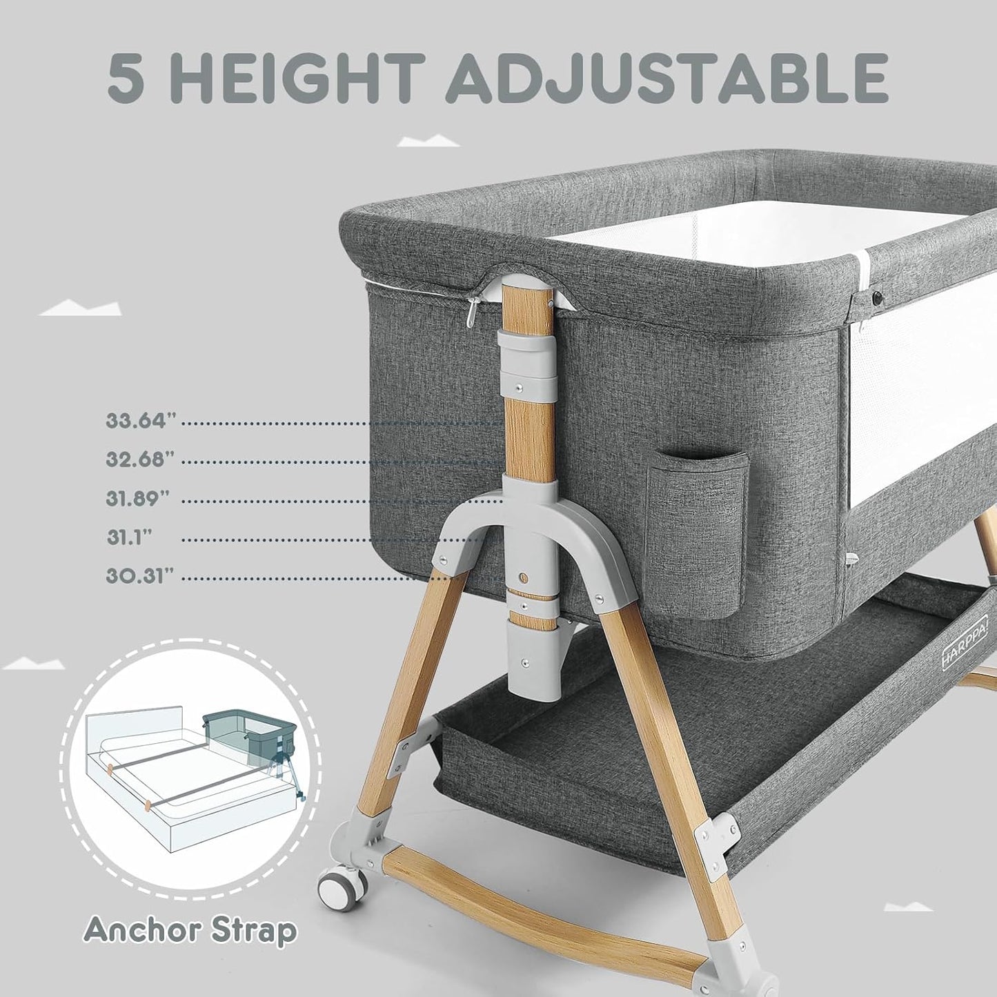 HARPPA Cuddly Bassinet, 3 in 1 Baby Bassinet, Rocking Bedside Bassinet with Wheels, 5 Height Adjustable, Includes Mosquito Net, Mattress, Anchor Strap