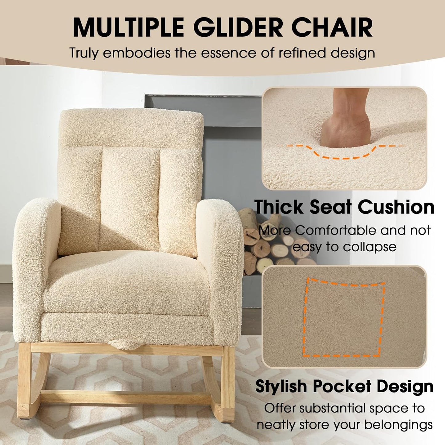 NIOIIKIT Modern Nursery Rocking Chair, Teddy Upholstered Rocking Chair with Footrest, Comfortable Rocker Recliner with Side Pocket, Rocker Glider for Living Room, Bedroom, Nursing Room (Apricot)