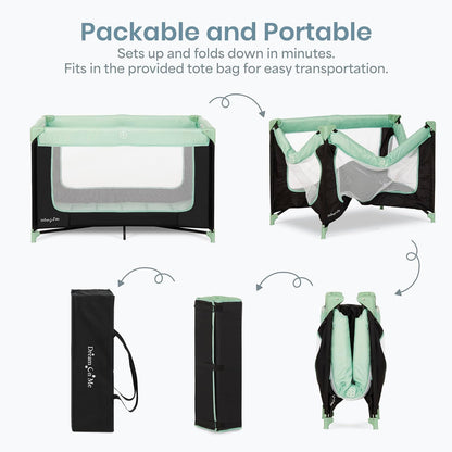 Dream On Me Zodiak Baby Playard, Breathable Mesh Sides, Soft Comfortable Mattress, Quick & Easy to Fold with Travel Carry Bag, Compact Space Saving Design - Grey/Green