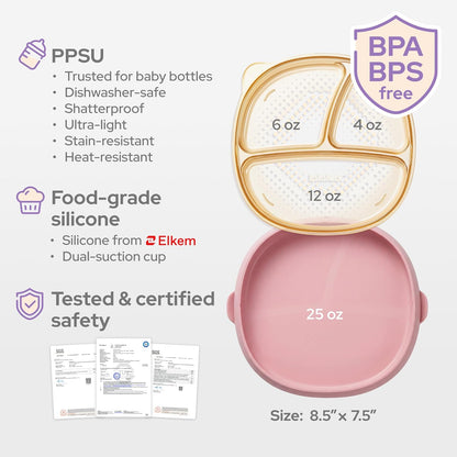 3-in-1 Baby Suction Plates for Toddlers 6-36 Months - Premium Bottle-Grade PPSU Silicone Divided Dishes, Stage-Based Self-Feeding Supplies, BPA Free Stain & Odor Resistant, Microwave Dishwasher Safe