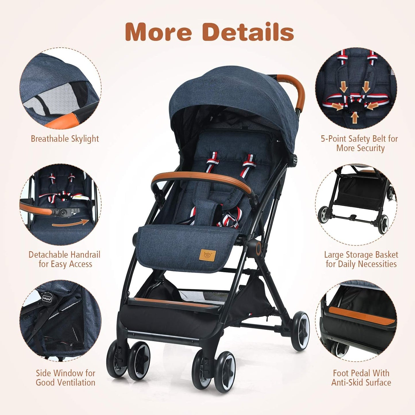 BABY JOY Lightweight Baby Stroller, Compact Toddler Travel Stroller for Airplane, Infant Stroller w/ 5-Point Harness, Adjustable Backrest/Footrest/Canopy, Storage Basket, Easy One-Hand Fold, Beige