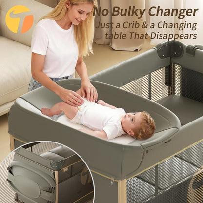 4-in-1 Pack and Play with Bassinet, Bedside Sleeper, Playard, and Changing Table, Folding Travel Crib with Musical Toy Rack & Bag, 4-Level Height Adjust, Newborn to Toddler（Ivy Gray）