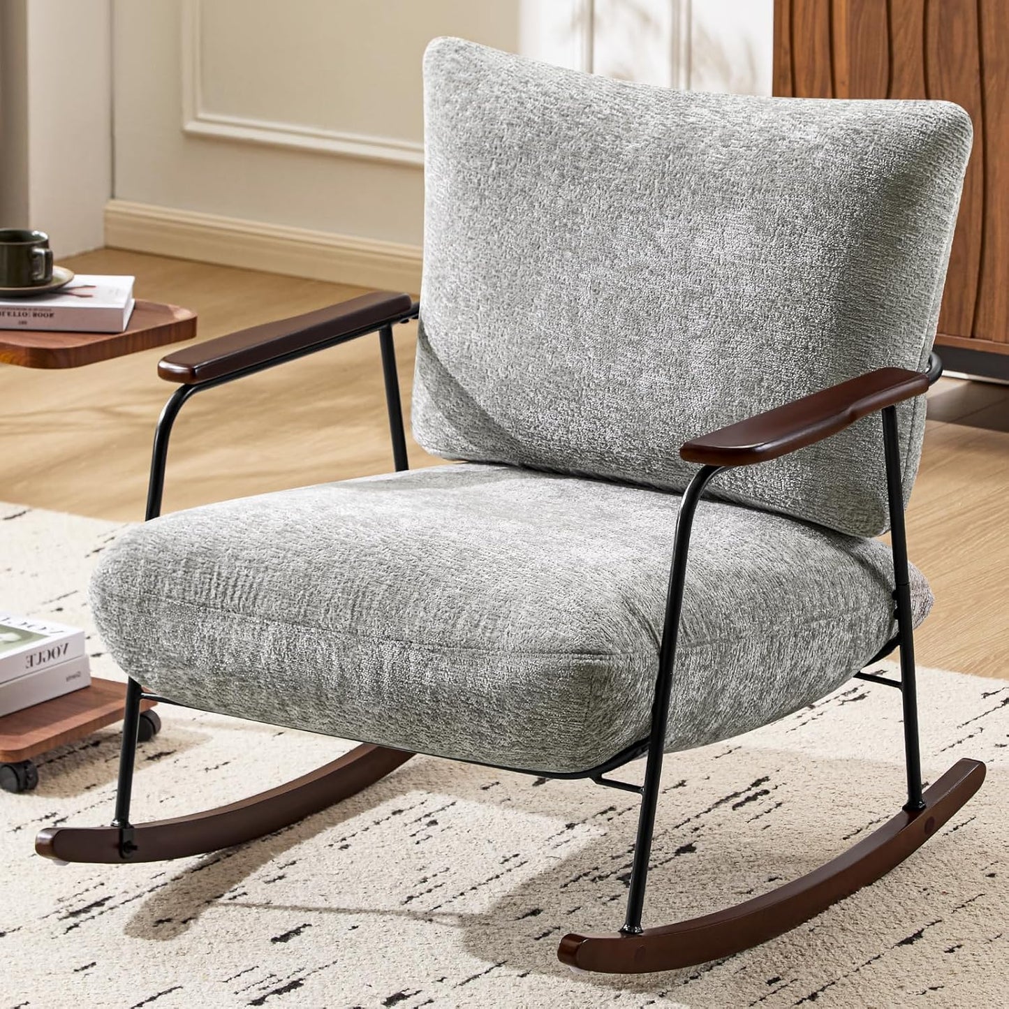 Rocking Chair Nursery Upholstered Glider Chair with Armrests Wood Legs for Relaxing, Comfortable Lounge Armchair Chenille Fabric for Living Room Bedroom, Gray