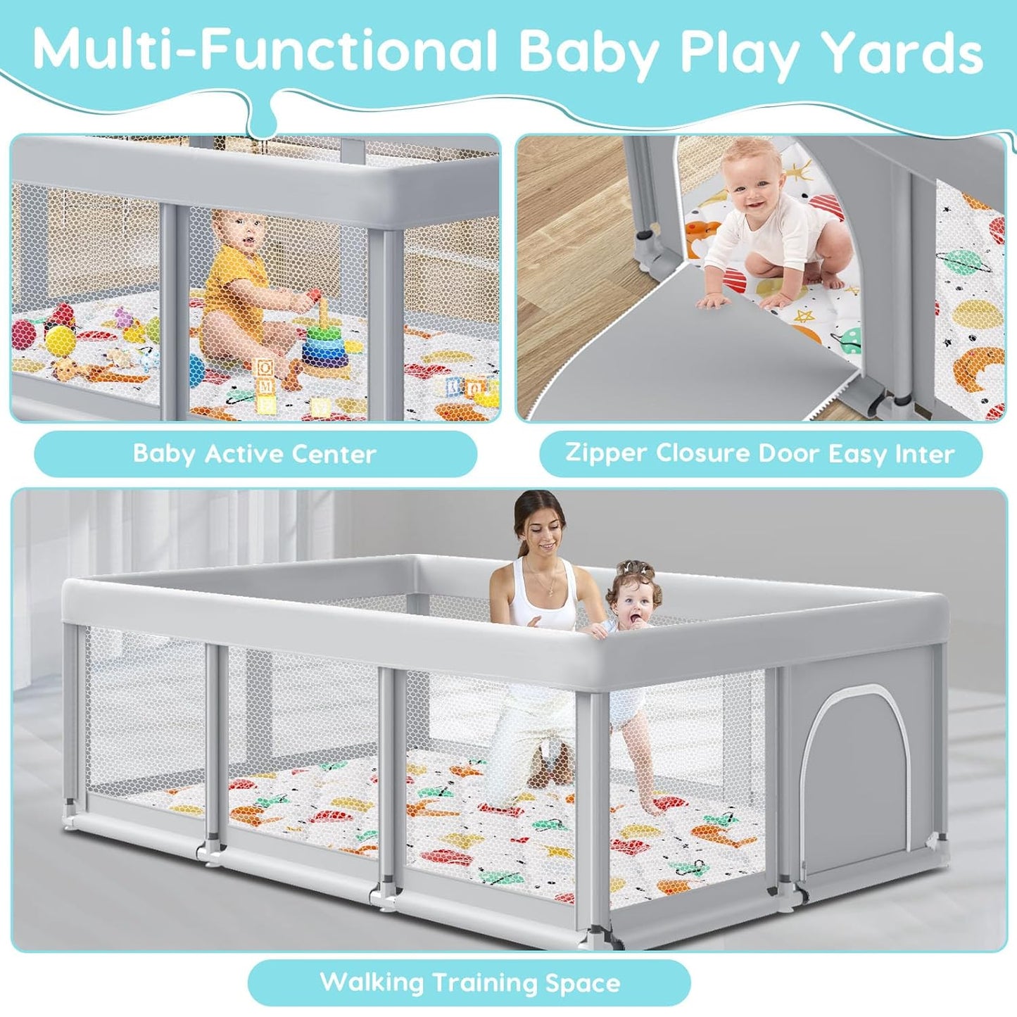 Fshibila 74" ×50" Large Baby Playpen, Baby Playard for Babies and Toddlers, Baby Fence Play Pens for Indoor & Outdoor, Sturdy Safety Play Yard with Soft Breathable Mesh, Anti-Fall, Grey