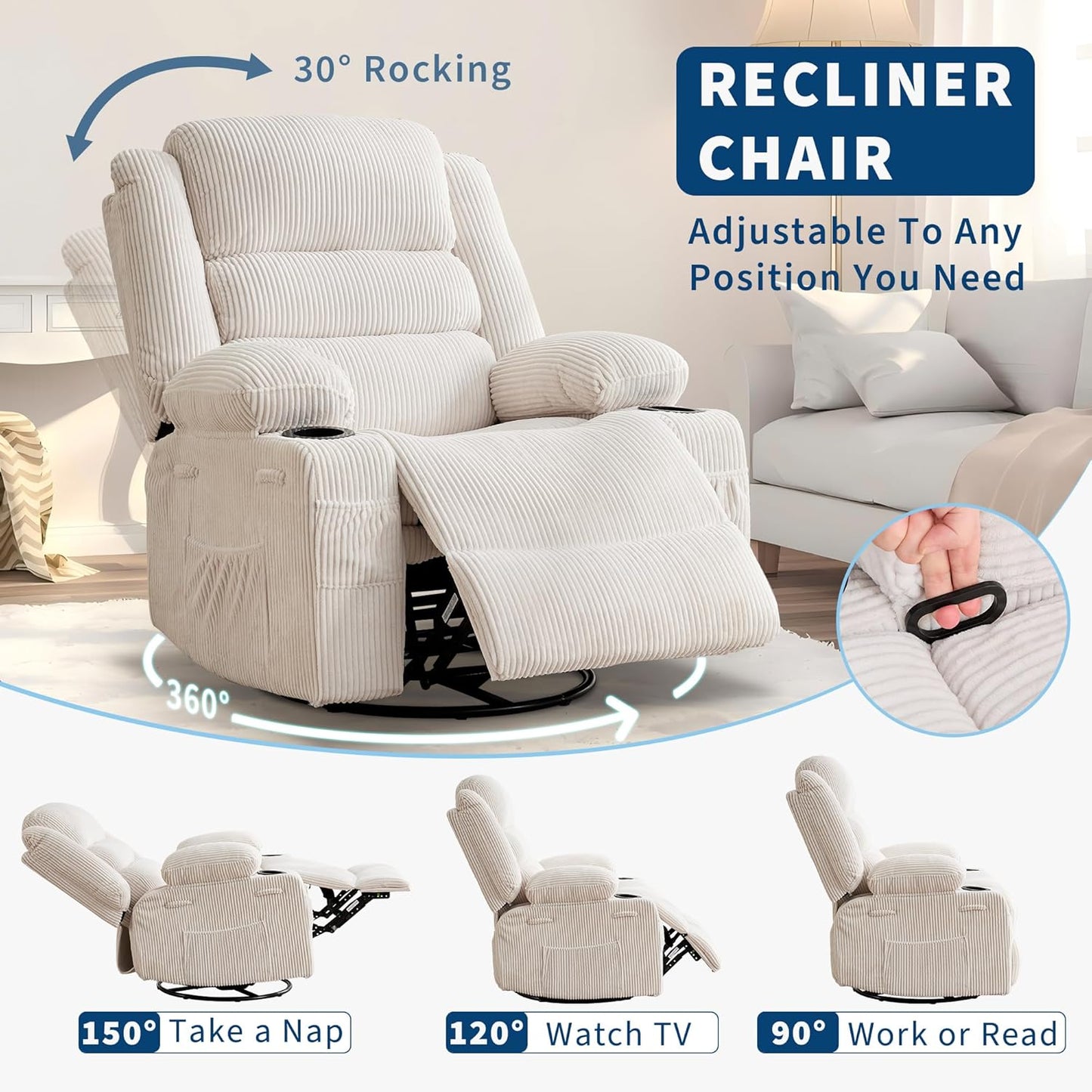 Rocking Recliner Chair for Adults Wide 360° Swivel Rocker Recliner with Cup Holder Nursery Glider with Upholstered Deep Seat Linen Lazy boy Chair for Living Room Browm