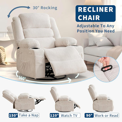 Rocking Recliner Chair for Adults Wide 360° Swivel Rocker Recliner with Cup Holder Nursery Glider with Upholstered Deep Seat Linen Lazy boy Chair for Living Room Browm