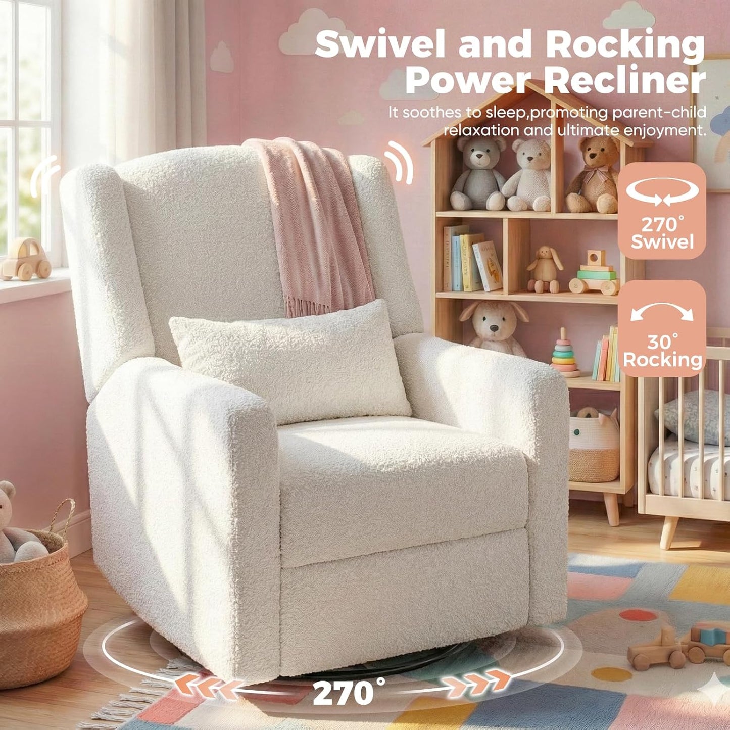 Power Glider Recliner Nursery Chair w/USB Ports, Soft Chenille Glider Rocking Chair with Ottoman, Swivel Glider Chair with Lumbar Pillow for for Nursery, Blue