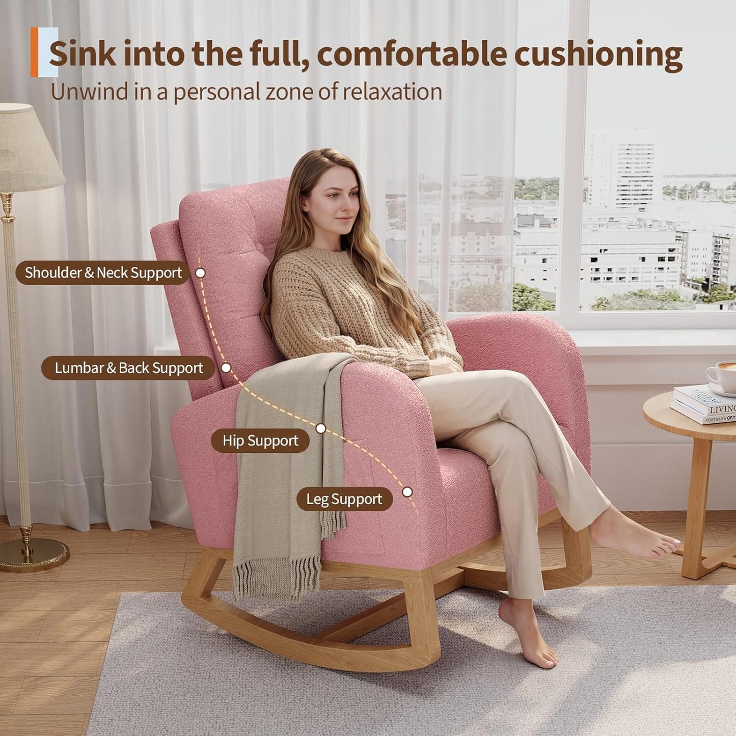 GarveeHome Nursery Rocking Chair with Adjustable Footrest, Teddy Fleece Upholstery, Sturdy Wooden Legs & High Backrest, Comfortable Glider Rocking Chair for Living Room or Bedroom, Pink