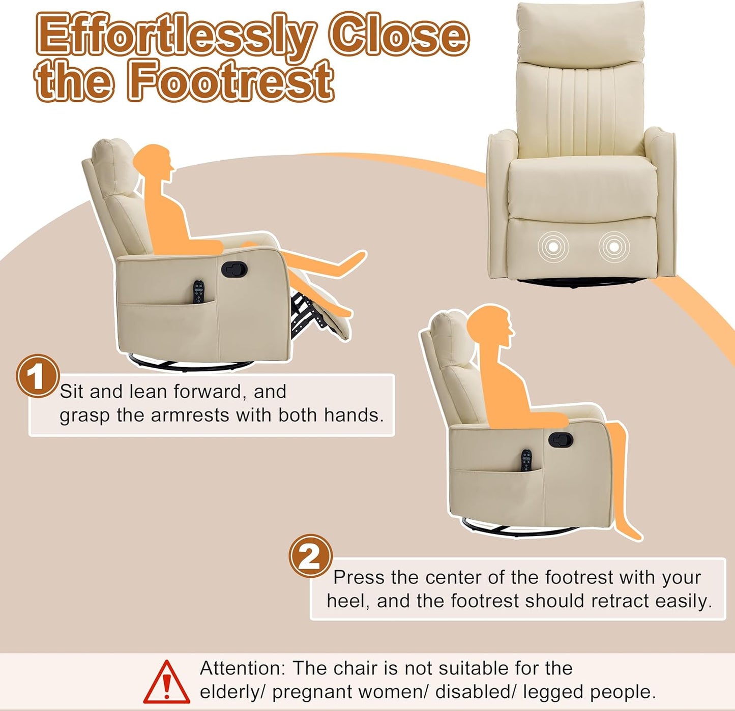 Manual 360° Swivel Rocker Recliner Chair for Adults, Overstuffed Glider Chair for Nursery with Vibration Massage and Heat, Comfy Soft Fabric Glider with Side Pockets for Living Room, Beige