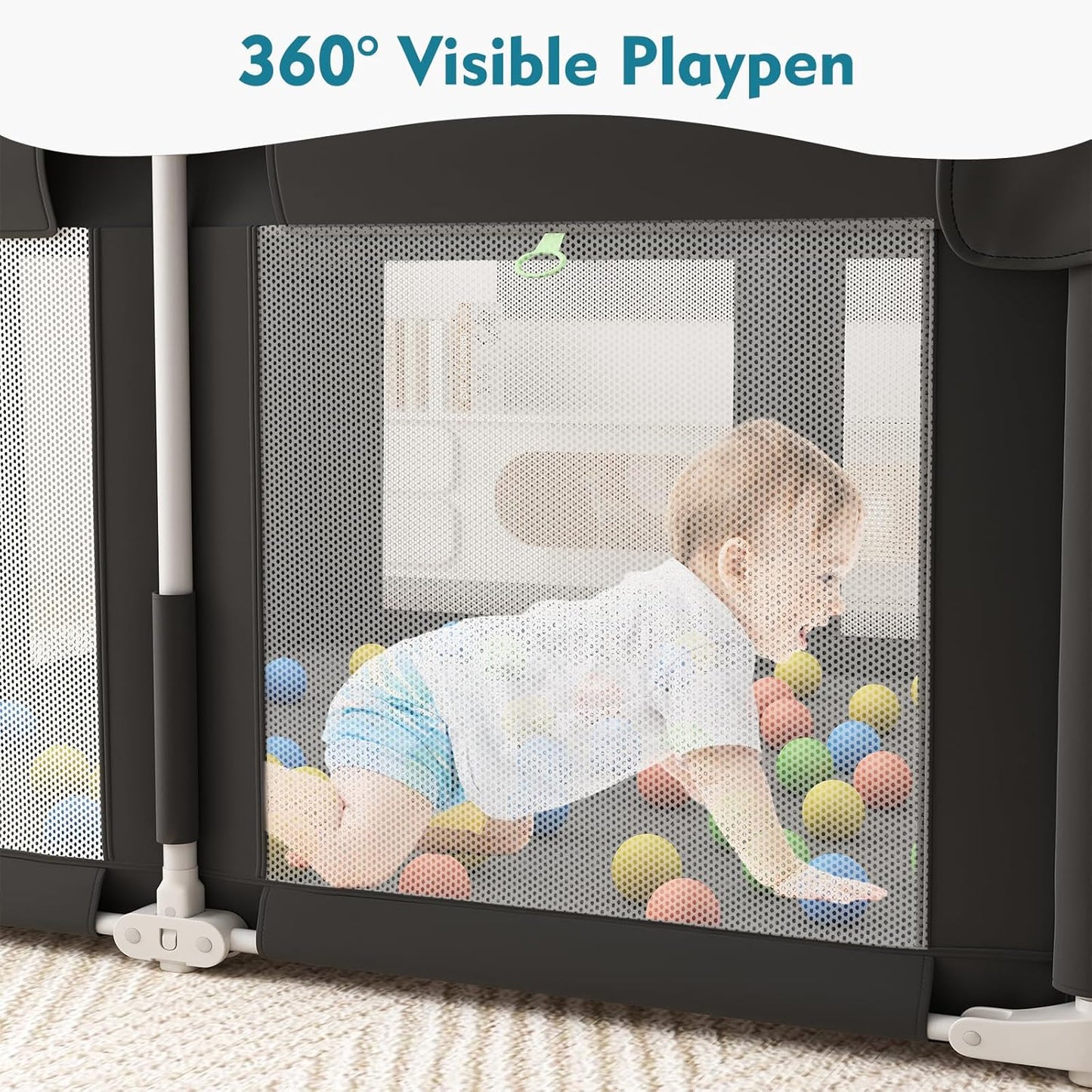 Foldable Playpen for Babies and Toddlers, 51" Portable Play Pen with Mat and Ocean Balls, Play Yard with with Visible Mesh for Inddor and Outdoor, No Assembly Required, Dark Gray