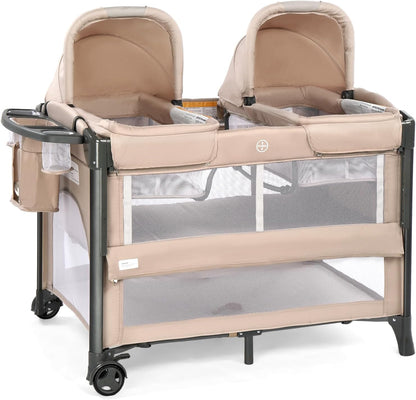 JOYMOR Twin Bassinet for Baby, Beige Bedside Bassinet, Convertible to Bedside Sleeper and Playpen, with Wheel, Brake, Foldable Side Sleeper,Beige