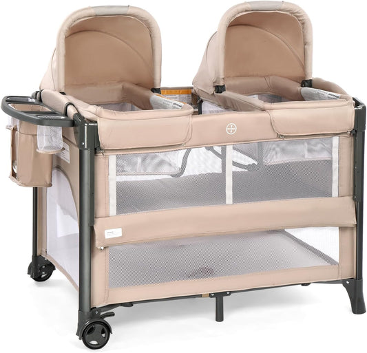 JOYMOR Twin Bassinet for Baby, Beige Bedside Bassinet, Convertible to Bedside Sleeper and Playpen, with Wheel, Brake, Foldable Side Sleeper,Beige