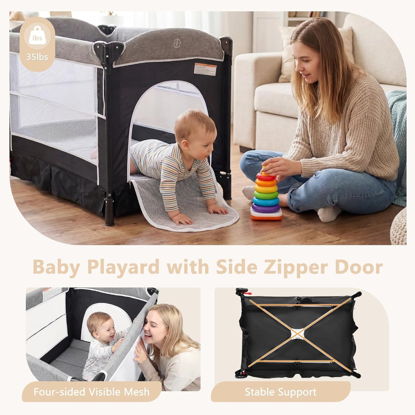 Kinder King 4 in 1 Portable Baby Playard, Foldable Baby Bedside Crib w/Bassinet, Infant Pack and Play Playard Toddler Large Playpen, Newborn Changing Table, Storage Basket, Grey