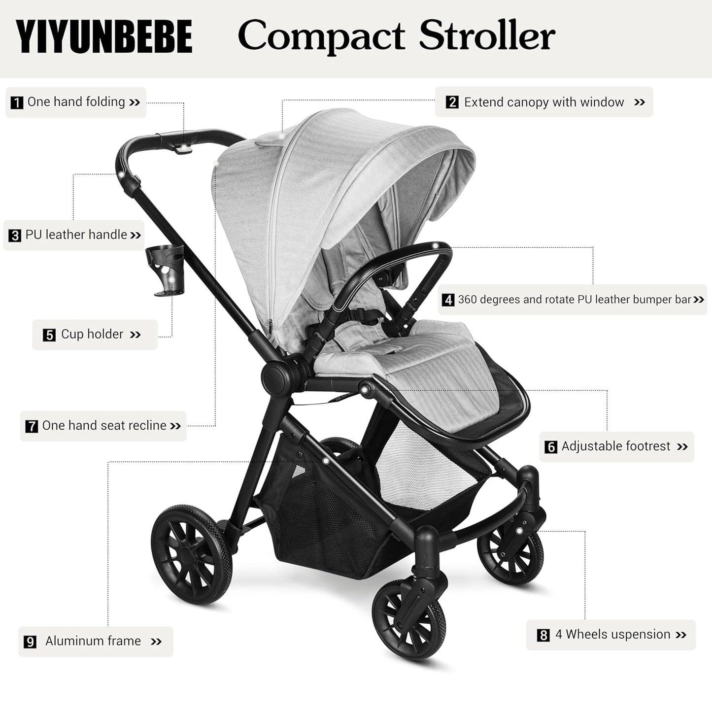 Lightweight High-View Baby Stroller, One-Hand Fold & Compact Storage, Convertible Seat, 5-Point Safety Harness, Foldable Infant Stroller, Grey